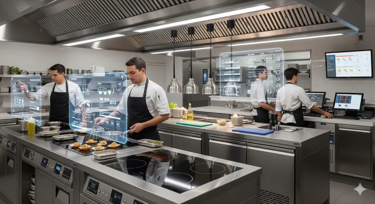 Chefs trabajando en un restaurante tecnologico